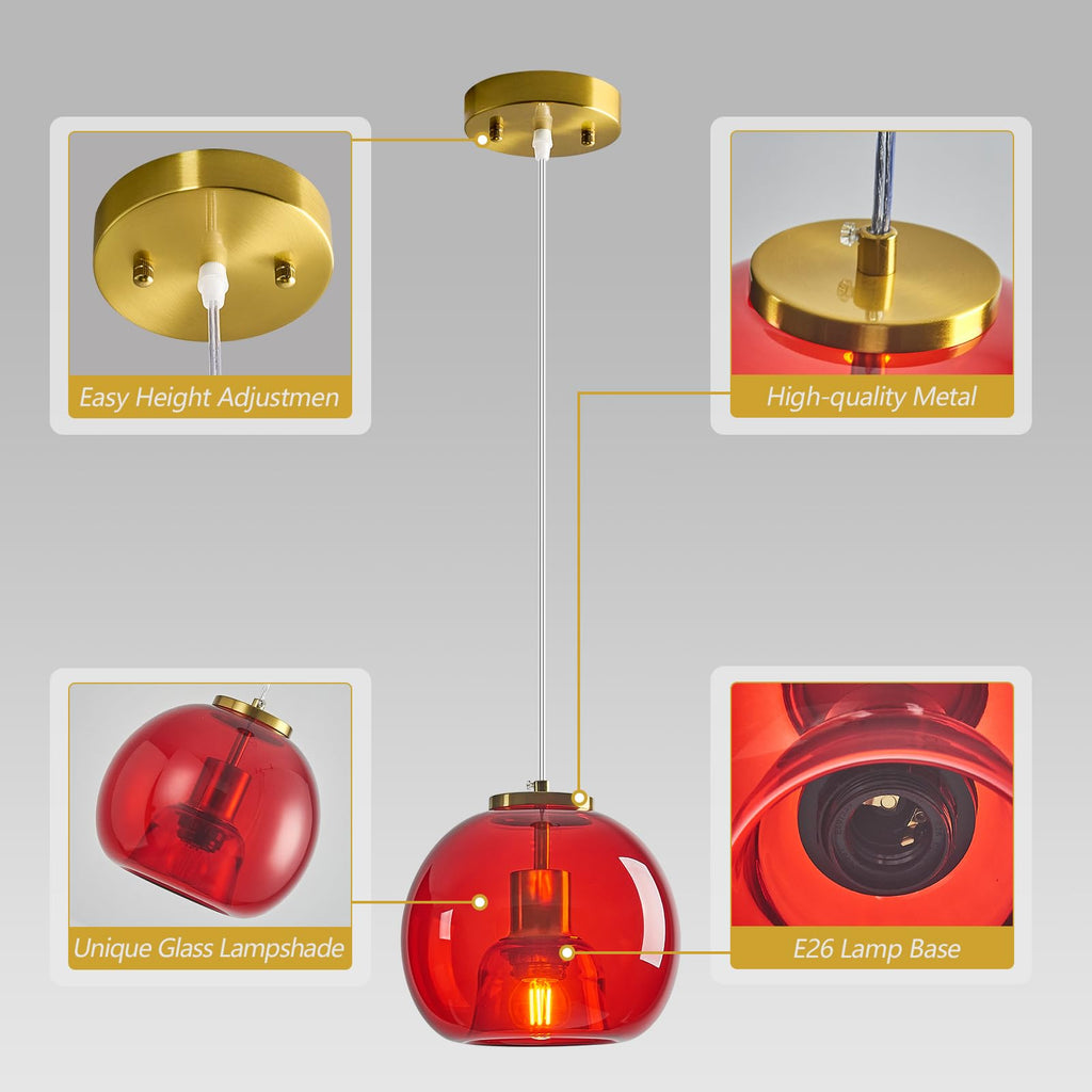 Red Glass Pendant Light Kitchen Island, 7.87", 1 Pack