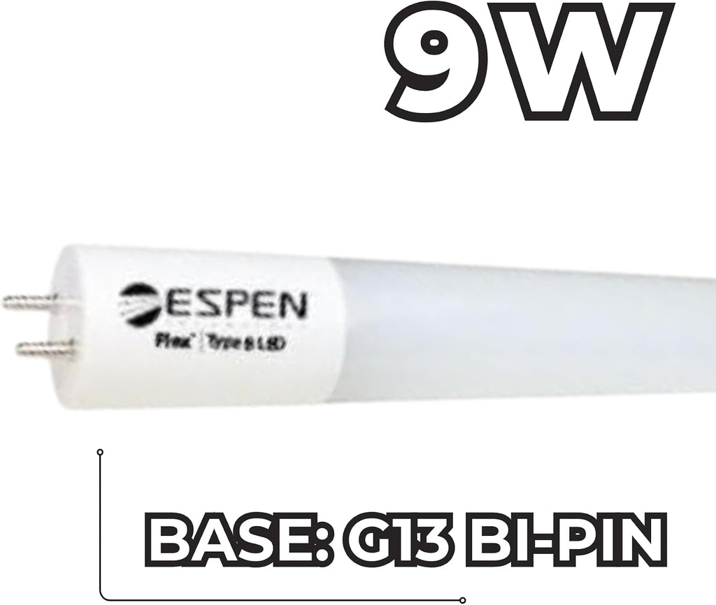2FT T8 LED Tube Light 9W 1100 Lumens, Type B Ballast Bypass, Flex Single-End Powered, 0-10V Dimmable