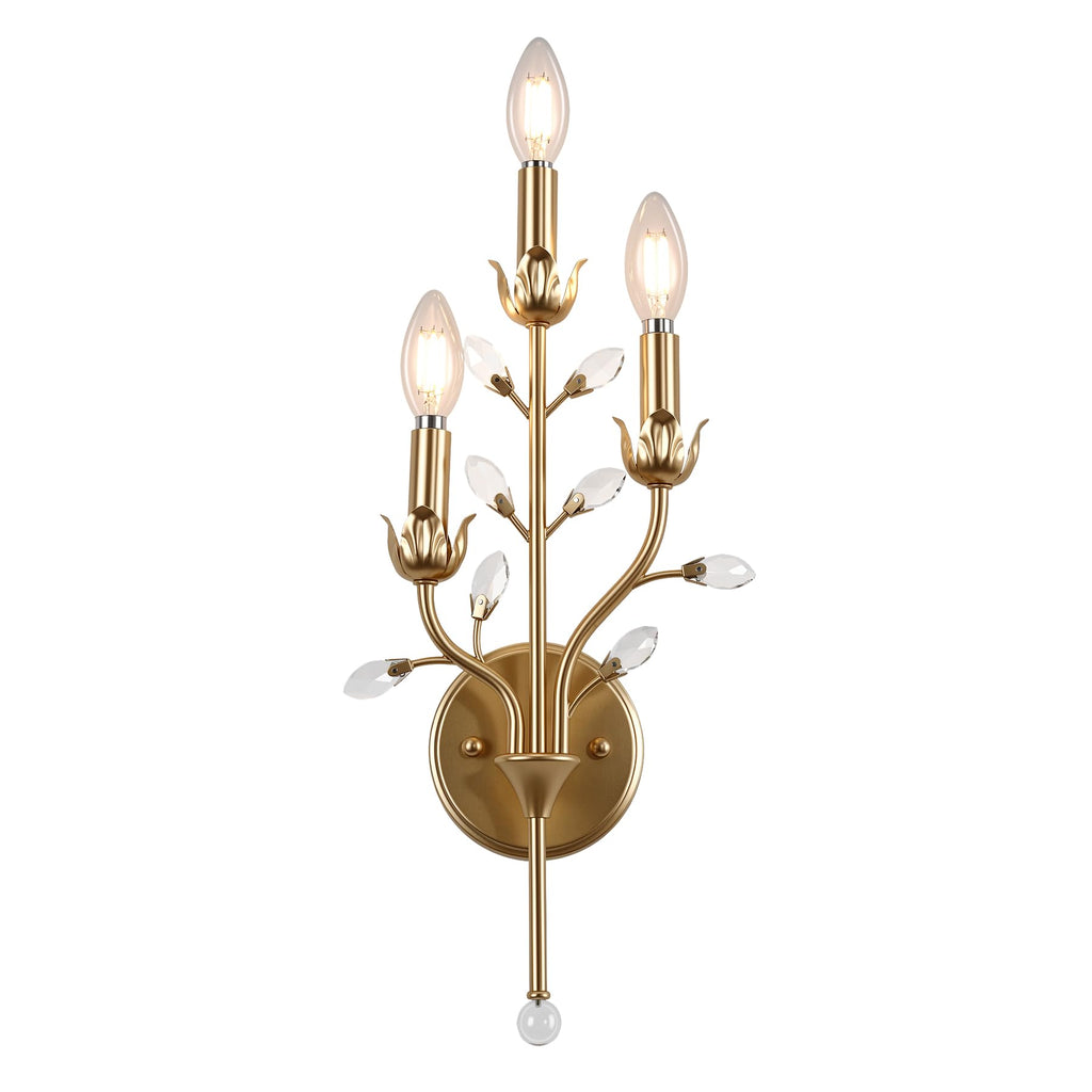 Gold Crystal Wall Sconce, 3-Light Floral Vine Candle Wall Light
