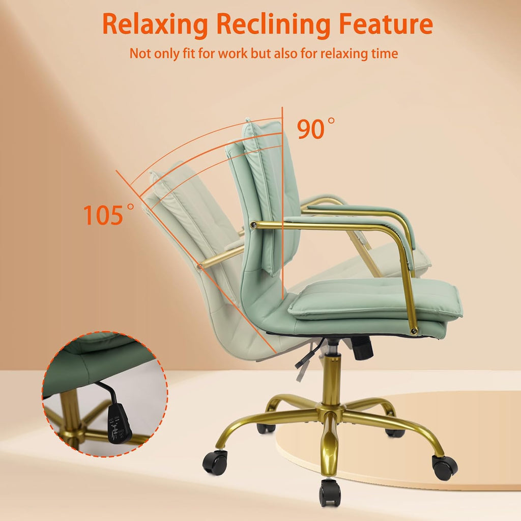 Leather Home Office Desk Chairs, Swivel Mid-Back Computer Chair with Golden Legs and Arms, Comfy Upholstered Task
