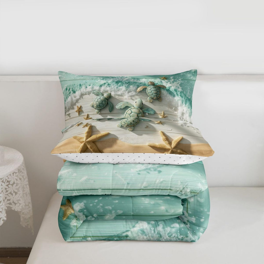 Seaside Beach Bedding Set, Sea Turtle Starfish Comforter Set with 2 Pillowcases, Coastal Ocean Sea Wave Bed