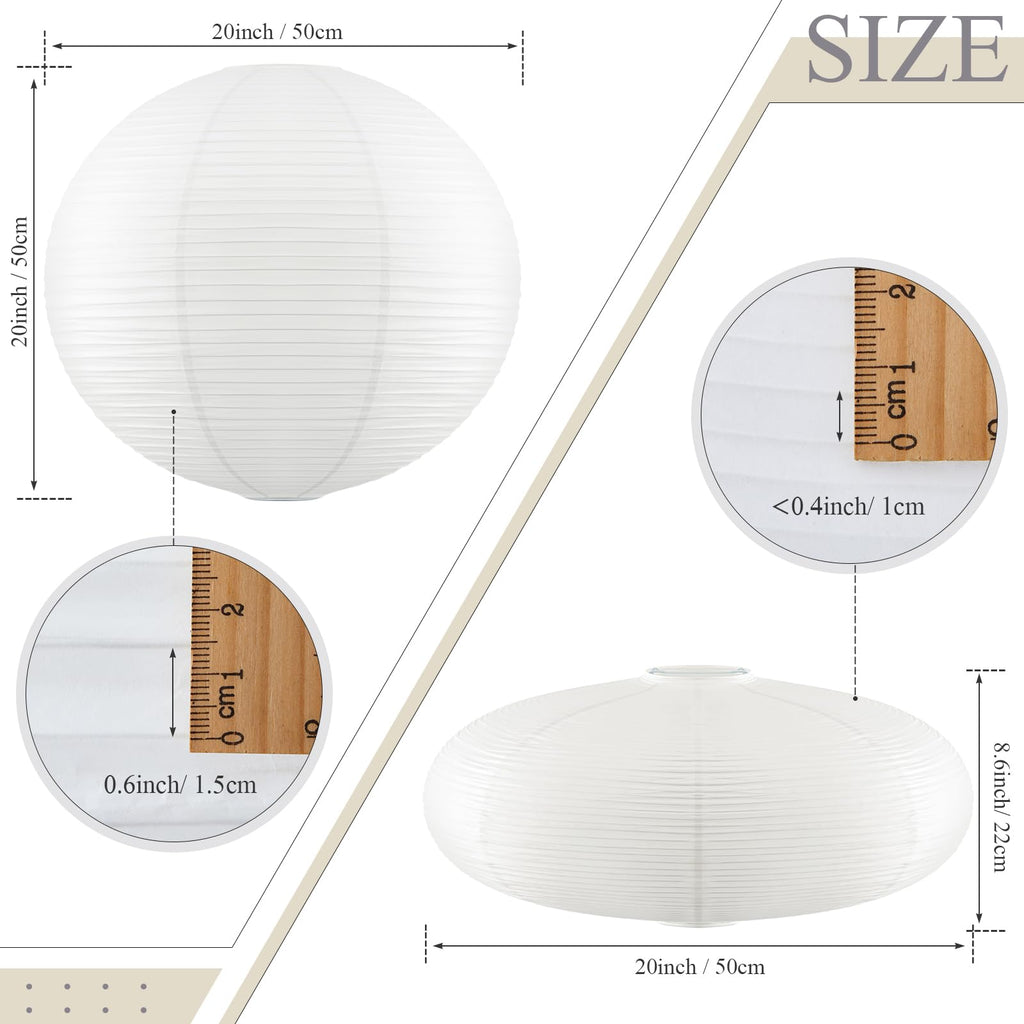 Inspired Noguchi Style 2 Pcs Chinese Paper Lanterns 20 Inch White Lampshade, Large Round and Oblate Pendant Lamp Shade, Rice Paper Lampshade