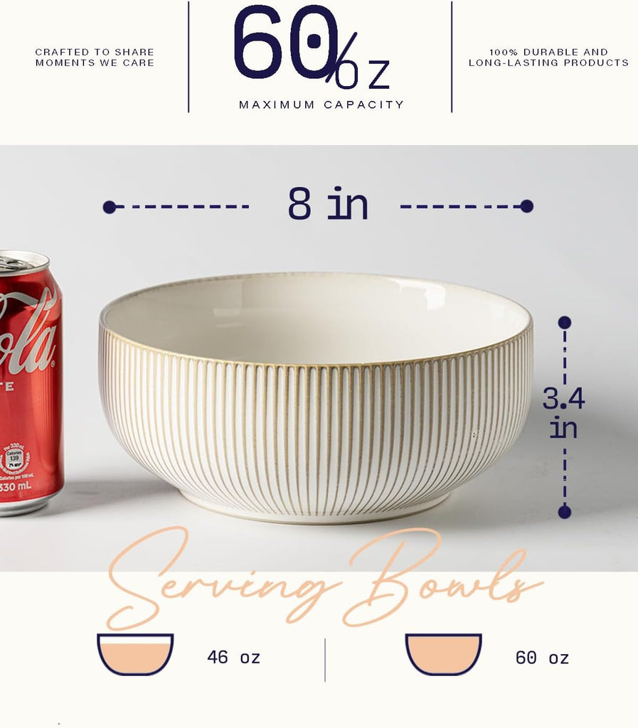 Large Serving Bowls (8 inch & 60 fl oz), Ceramic Salad Bowl Set of 2, Microwave and Dishwasher Safe, Farmhouse