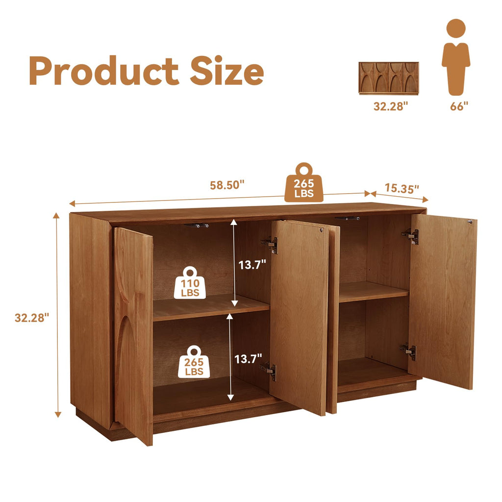 59" Sideboard Buffet Cabinet, Mid-Century Credenza Light Brown