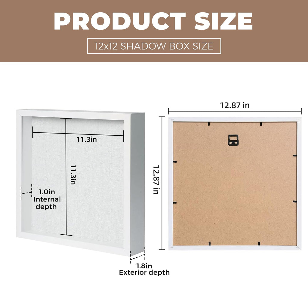 12x12 Shadow Box Wood Picture Frame, Tempered Glass, White