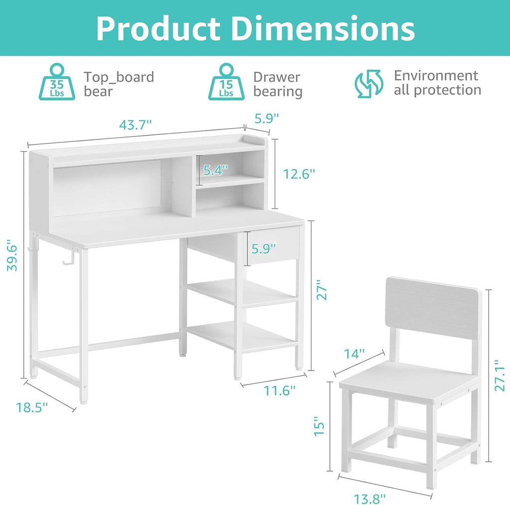 White Kids Desk and Chair Set for 6-12 Year Old, Children Study Desk with Hutch and Storage Shelf, Student Writing