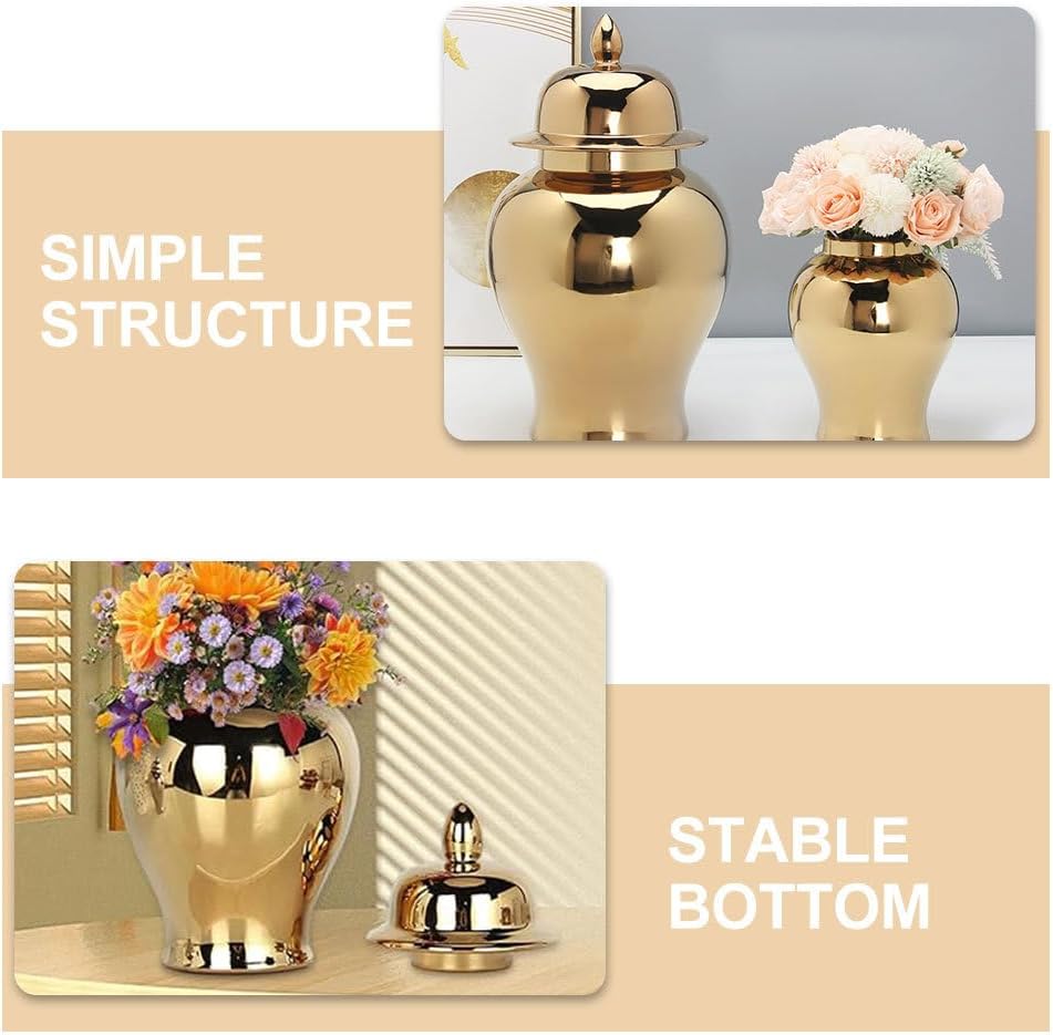 Ginger Jar, Golden Ginger Jar Handicraft Flower Vase Chinese Style Temple Jar Storage Jar Tea Canister with Lid
