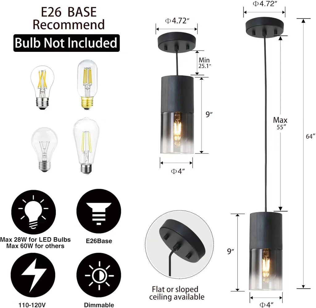 2-Pack Black Pendant Light Fixtures, Adjustable Modern Pendant Lights for Kitchen Island, Industrial Glass Pendant