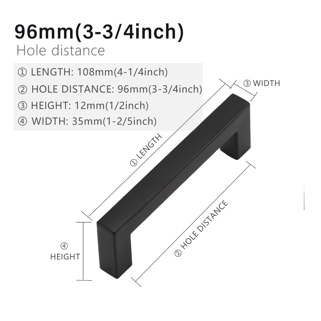 10 Pack 3-3/4 Inch Black Cabinet Pulls, Square Drawer Handles
