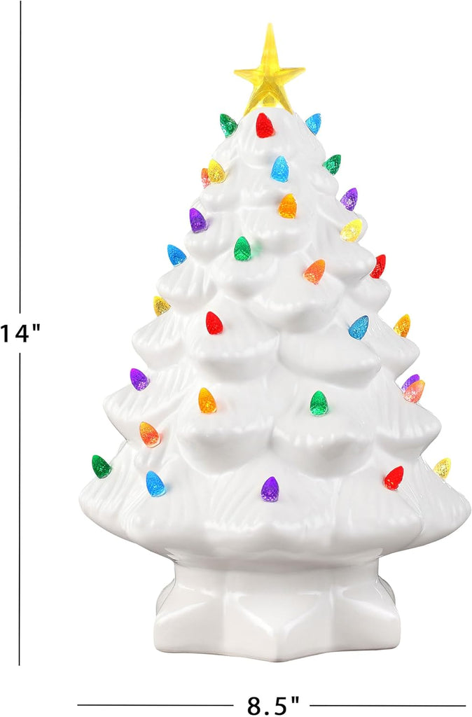 Nostalgic Ceramic Christmas Tree with LED Lights Indoor Decoration, 14 Inches, White