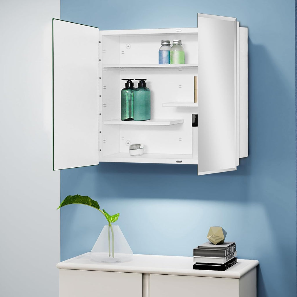 White Metal Double Door Medicine Cabinet 30 x 24 Beveled Mirror, Wall Mount | Double Door Metal Mirror Cabinet with