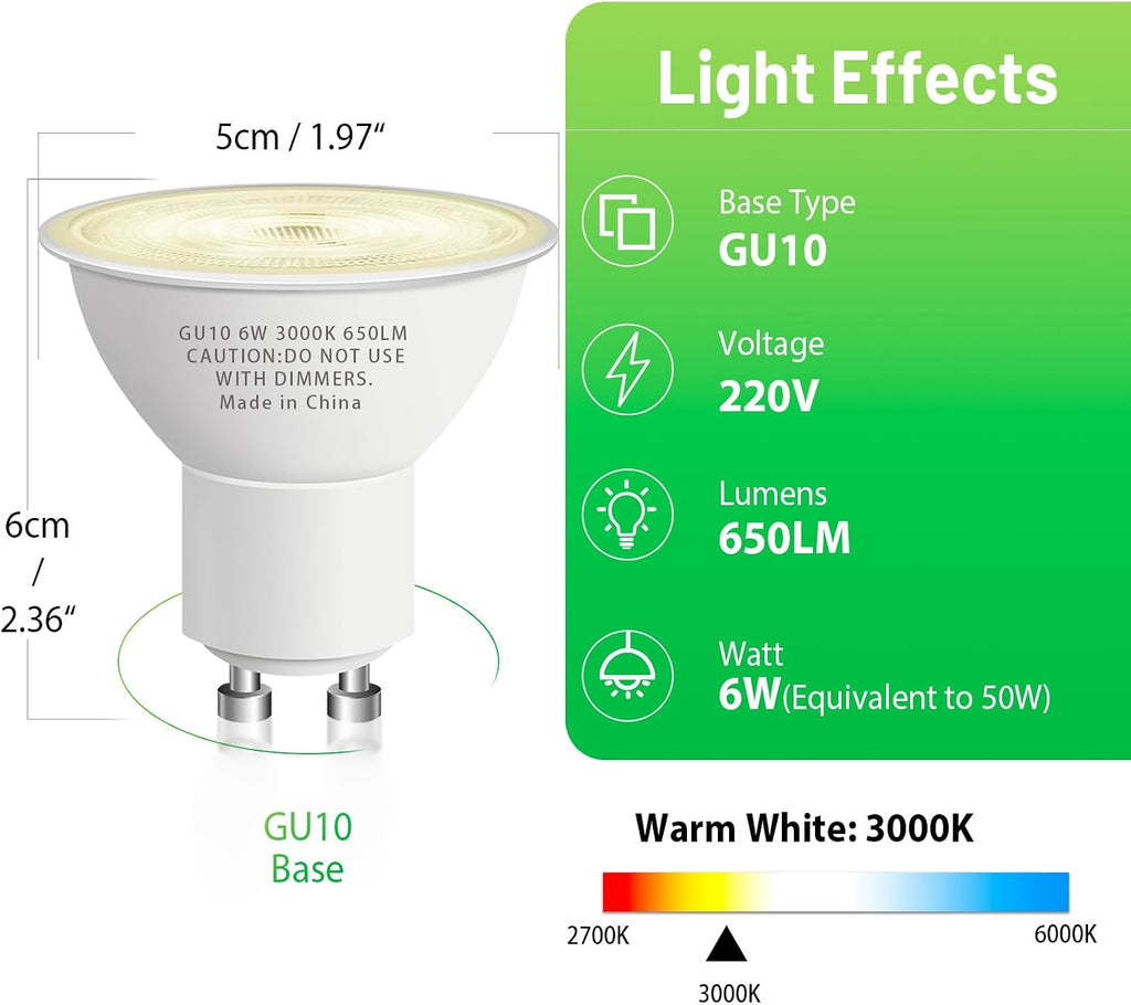 10 Pack GU10 Led Bulb 6W Equivalent 50W, MR16 Led Bulb 3000K Soft White Light Bulbs, 650 Lumens, Non-Dimmable, GU10