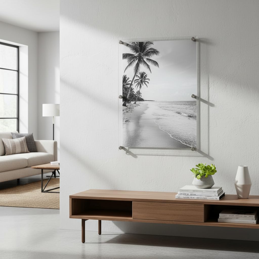 105540, Floating Acrylic Wall Frame with Silver Hardware Stand Off Caps, Clear Hanging Photo Frame Display Mount with
