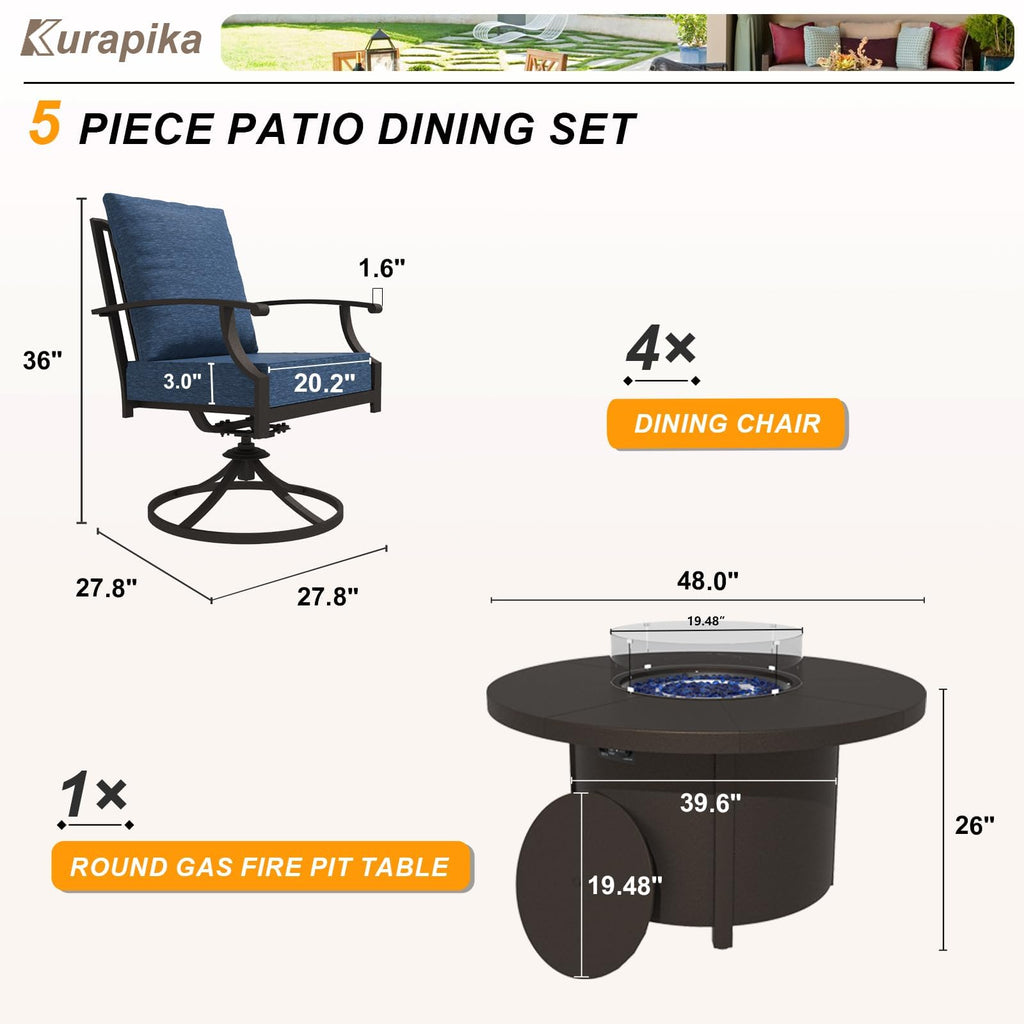 5 Piece Metal Moden Outdoor Patio Furniture Set with Round Fire Pit Table, Patio Conversation Sets 4 Swivel Chairs