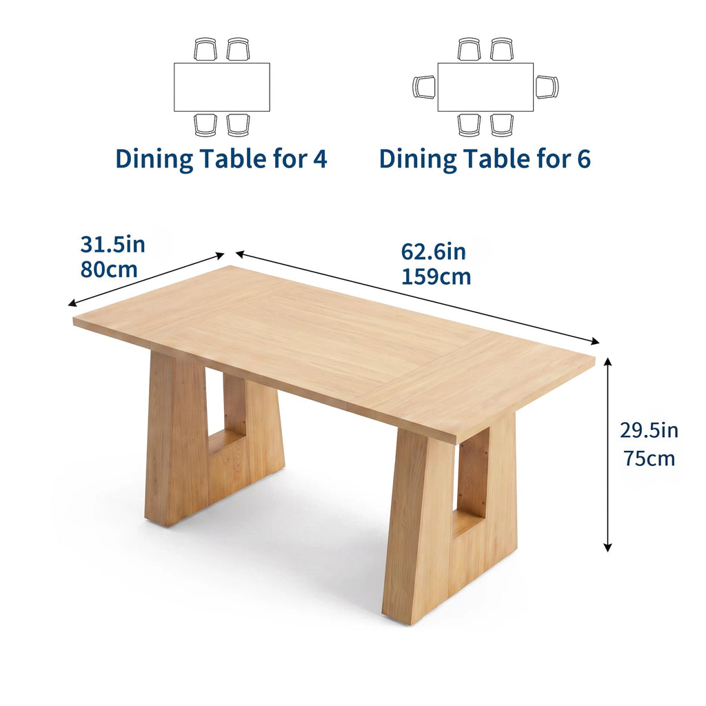 63" Dining Table for 4-6 People, Modern Kitchen Table, Light Oak
