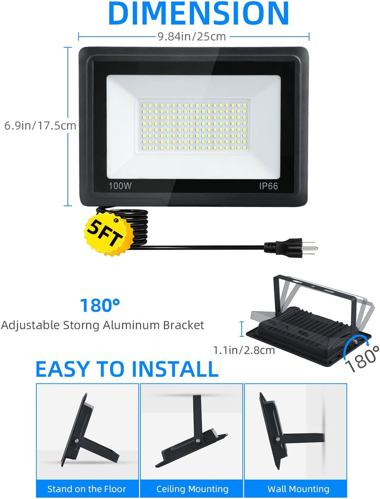 100W LED Flood Lights Outdoor, 2pack 10000lm Bright Plug in Flood Light | 6500k Daylight White Outdoor LED Lights