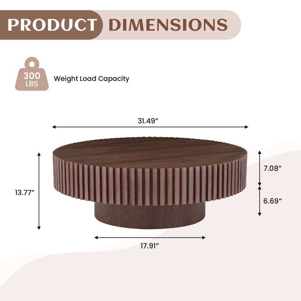 31.49" Walnut Round Wood, Modern Unique Fluted Tea Table, Contemporary Drum Circle Accent Center Table, Small Space
