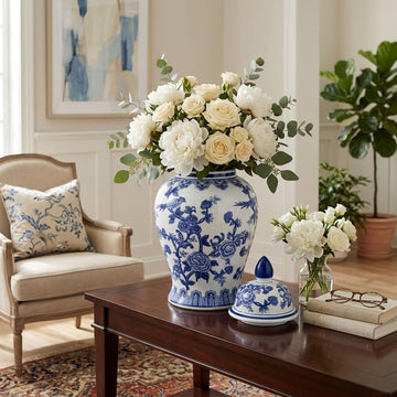 Decorative Ginger Jar Decor - Ceramic Jar With Lid, Chinoiserie Pattern, Large Tabletop Accent or Entry Shelf