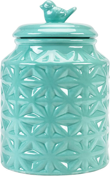 Turquoise Ceramic Cookie Jar with Lid, Embossed Star & Bird Design