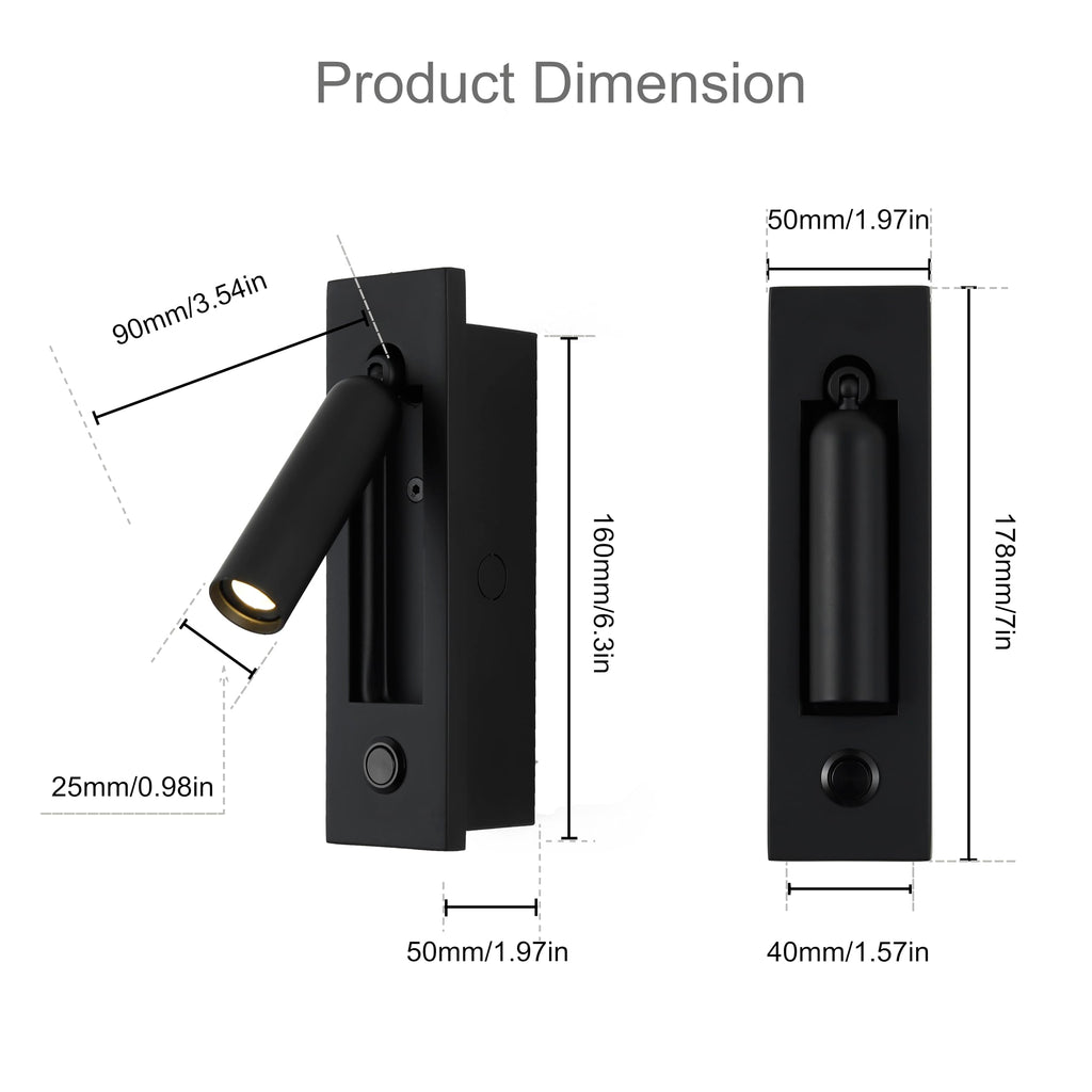 LED Bedroom Lamp Headboard Wall Light Sconce, Bedside Reading Light Recessed Push Switch Wall Lamps, Hotel Bed Side