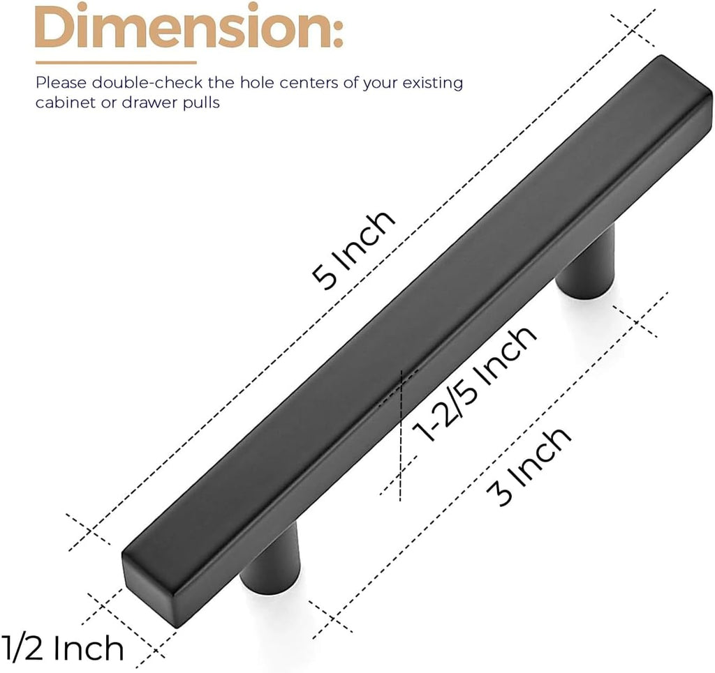 30 Pack 5 inch Square Cabinet Pulls Matte Black Stainless Steel Kitchen Drawer Pulls Cabinet Handles 5”Length, 3” Hole