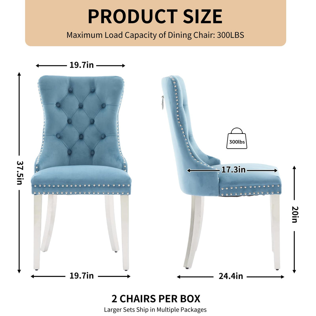 Velvet Dining Chairs Set of 4, Tufted Upholstered High Wingback Chairs with Nailhead Trim & Pull Ring, Silver