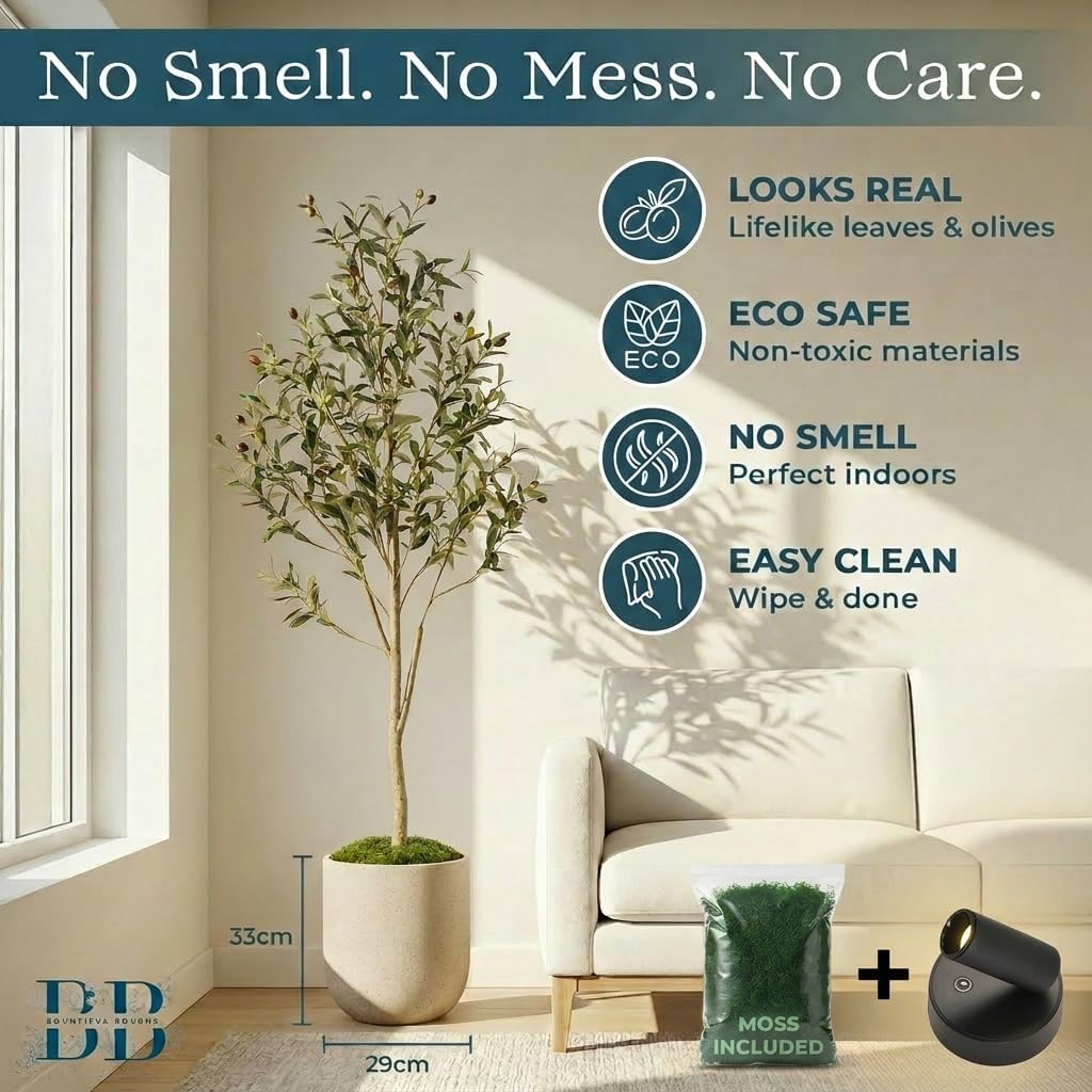 Artificial Olive Tree with Large Modern Planter, Rechargeable Wireless LED Light & Moss - Realistic Fake Potted