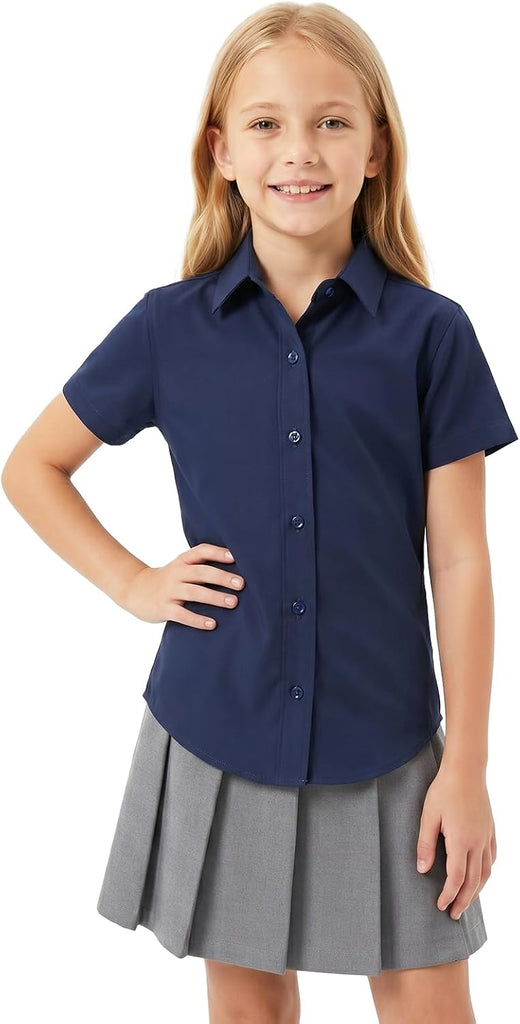 Girls Short Sleeve Dress Shirt Kids Stretch Wrinkle-Free Button Down Shirt School Uniform Blouse