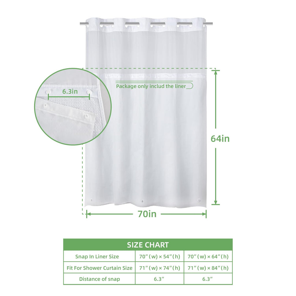 2 Pack PEVA Snap-in Shower Curtain Liner Replacement, Compatible with No Hook Shower Curtain with Snap in Liner