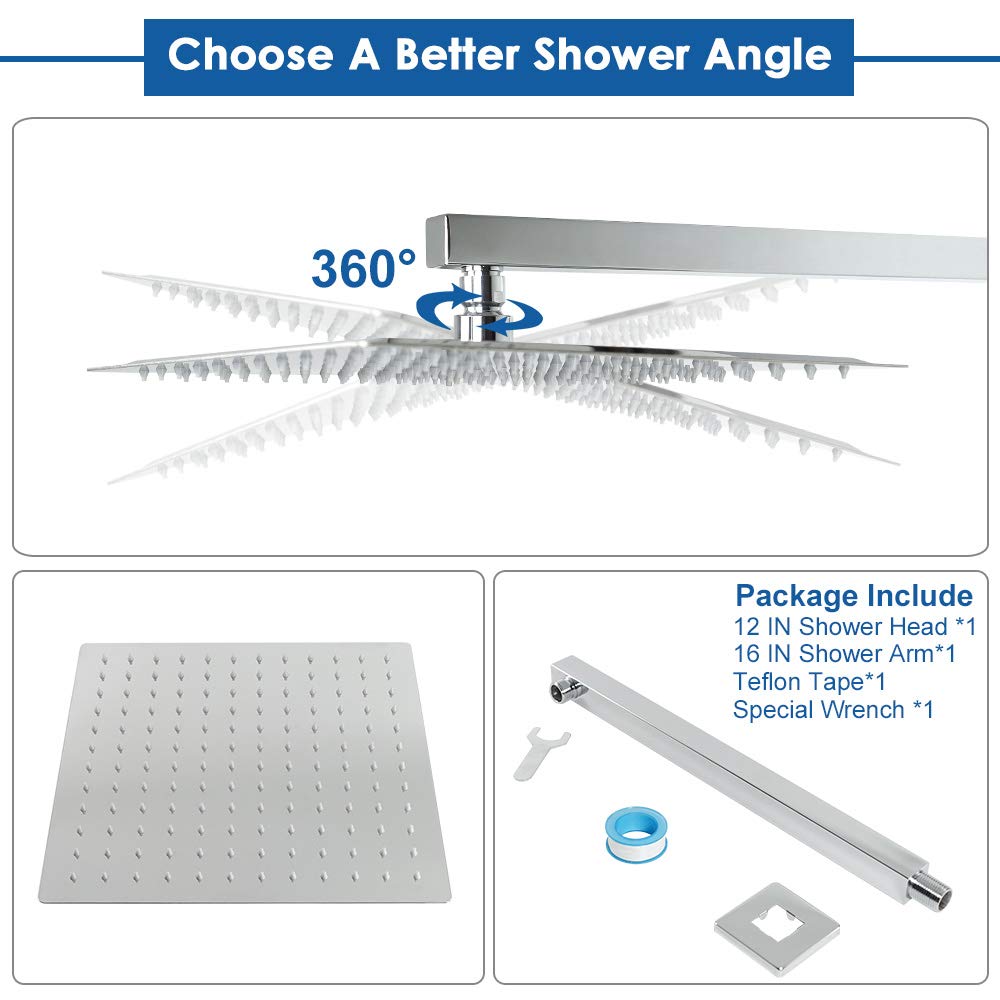 Shower Head with Extension Arm, High Pressure Square with ShowerArm, Stainless Steel Rainfall -Waterfall Full Body
