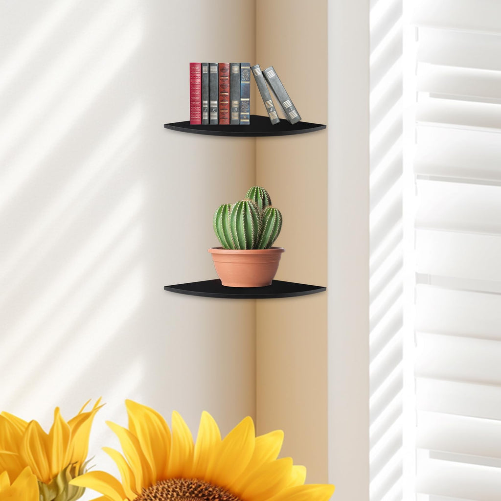 Corner Shelf Wall Mounted, 12-Inch Sector Wood Floating Corner Shelves with Wire Hole, Set of 2 Circular arc Corner