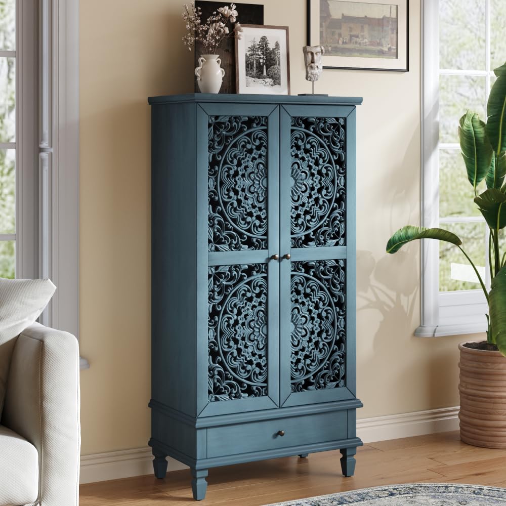 Rustic 55'' Tall Storage Cabinet with Drawer, Decorative 2-Door Carved Wood Accent Cabinet with Solid Wood Legs