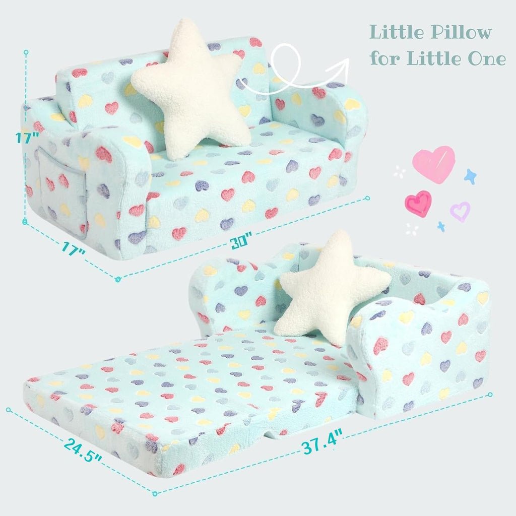 Kids Sofa Chair, Extra Wide in-1 Foldable Couch,Plush,Lake Blue