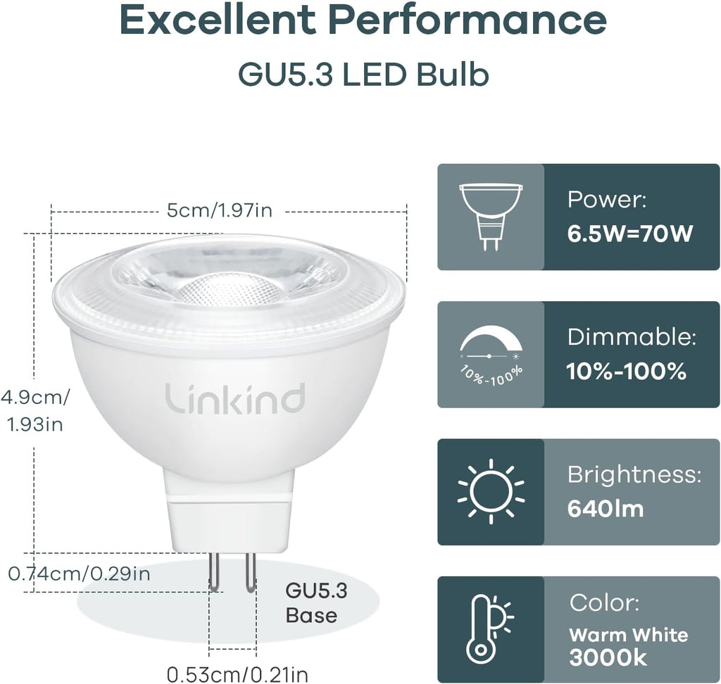 6 Pack MR16 LED Bulbs Dimmable, 6.5W=70W 640lm 3000K GU5.3 Bi-Pin