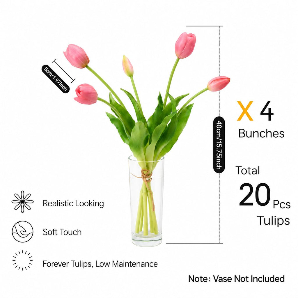 20 Pcs Real Touch Artificial Tulips - Lifelike Faux Tulip Flowers Bouquet for Vase, Elegant Home Decor, Wedding &
