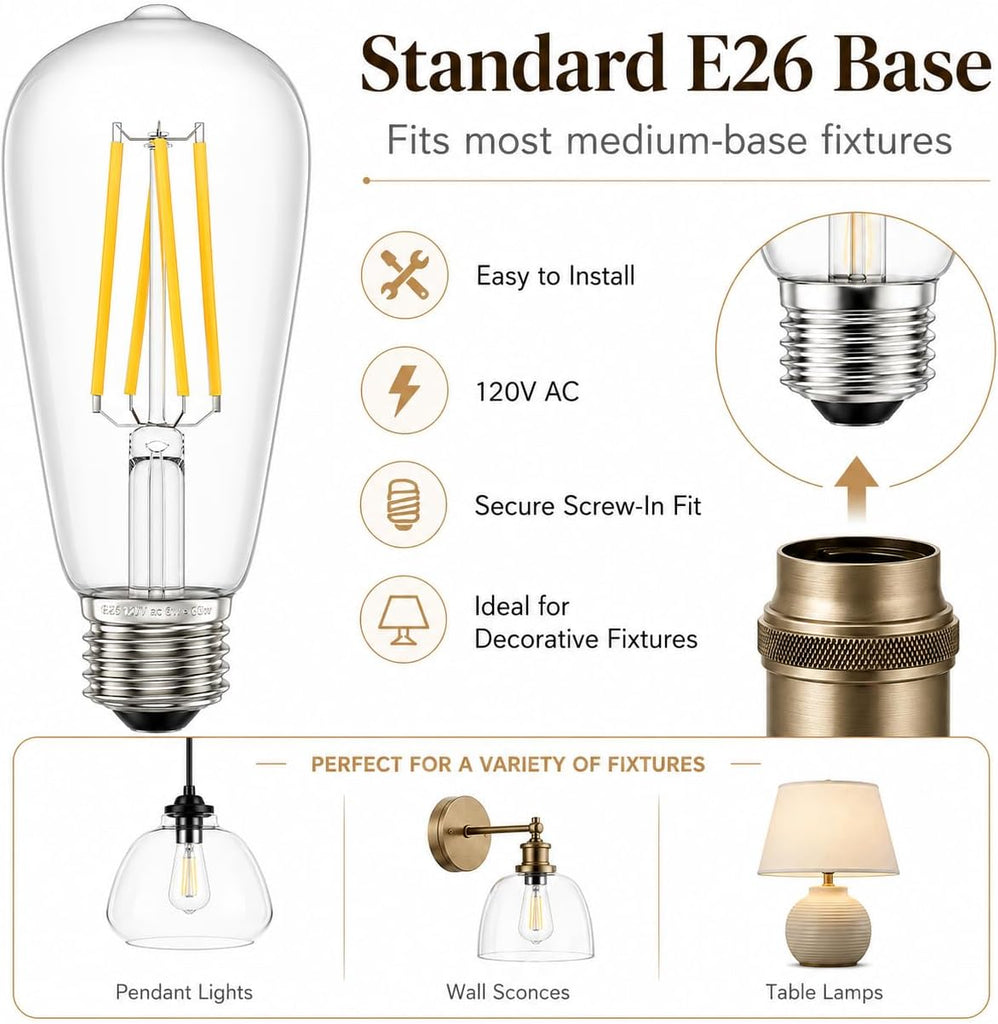 Vintage LED Edison Bulbs 6W, Non-Dimmable 4 Packs Equivalent 60W Incandescent, Warm White 2700K, ST58 Antique LED