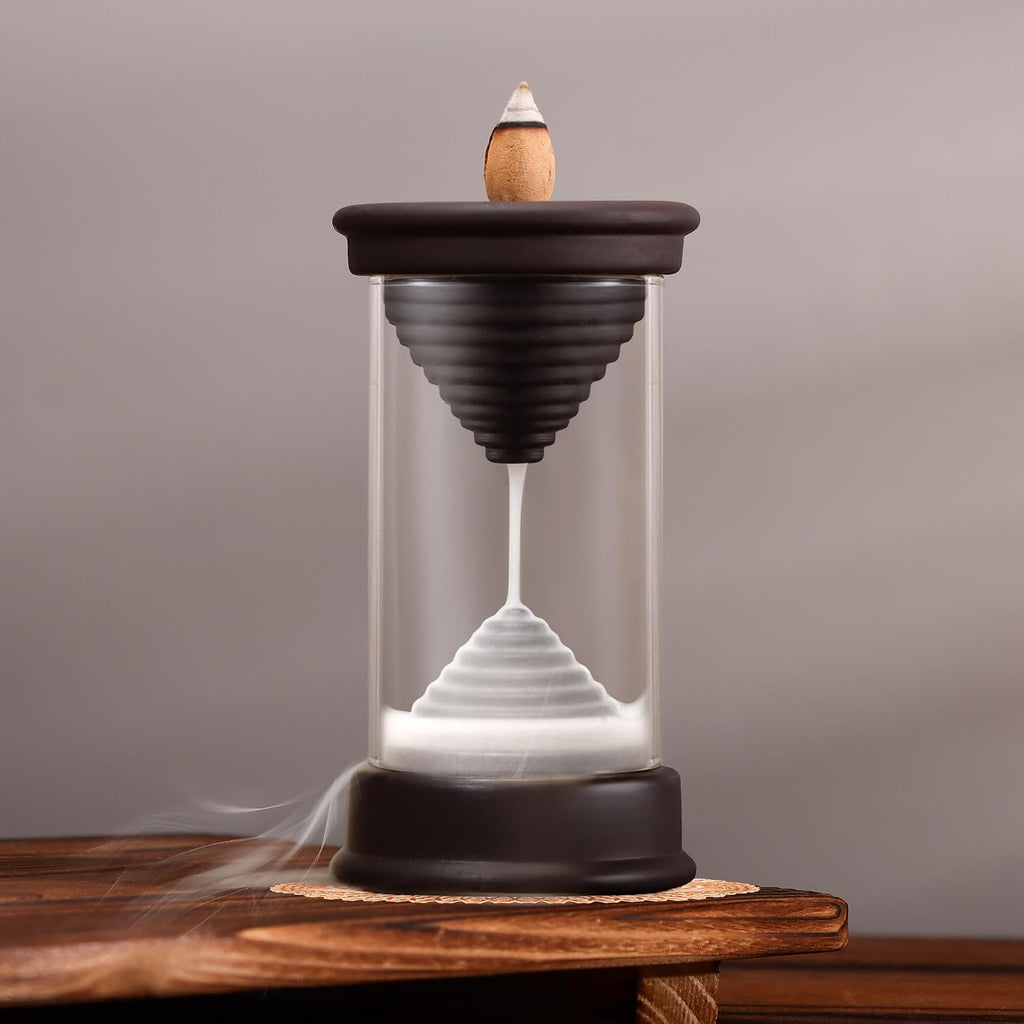 Hourglass Backflow Incense Burner Waterfall Incense Holder Bracket Glass Windproof Cover Provides 20 Counter Flow - Set of 25