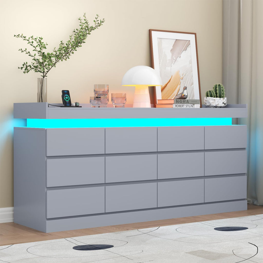 12 Drawer Dresser with Power Outlet, Modern Dresser with LED Light | Chest of Drawers for Closet, Double Wide Drawer