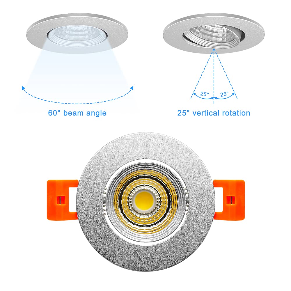 2Inch LED Recessed Ceiling Light, 3W Dimmable LED Downlight, Daylight White 5000K-5500K, 60 Beam Angle COB Recessed