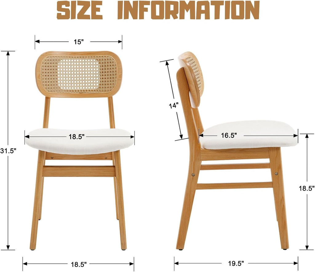 Rattan Dining Chairs Set of 2 Beige Linen Fabric Dining Room Chairs Natural Wooden Kitchen Chairs Farmhouse Boho