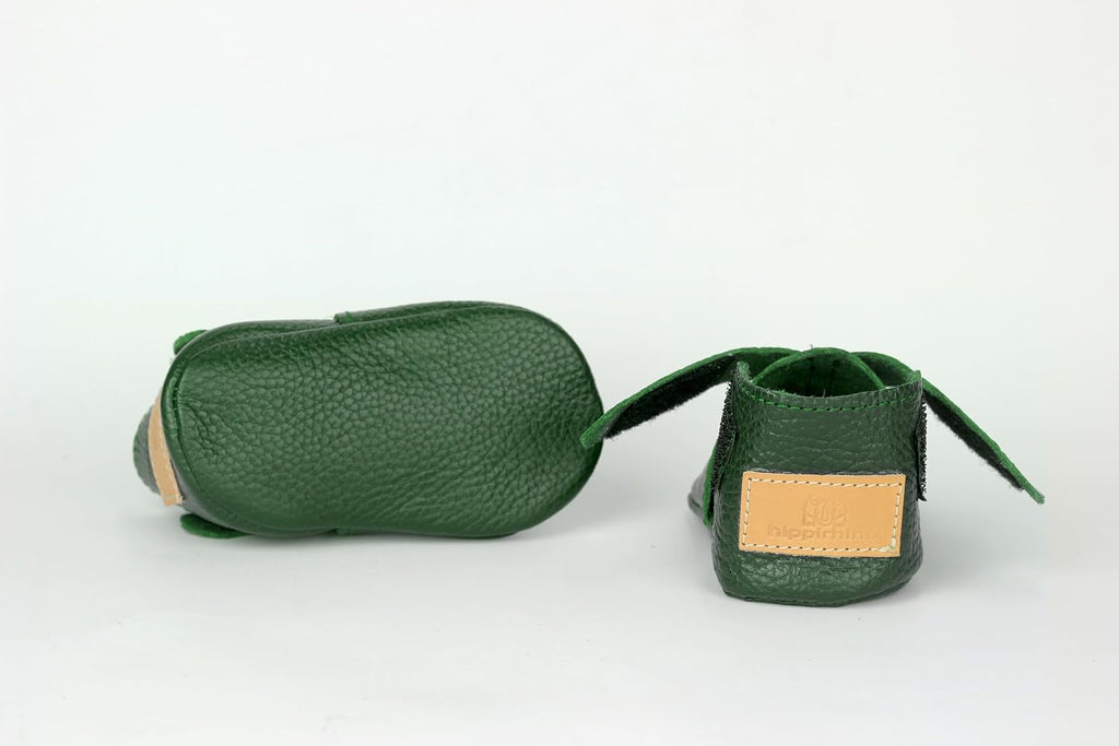 Handmade Genuine Leather Baby Shoes, Emerald Green Soft Sole Infant Moccasins, Perforated Toddler Booties, Newborn