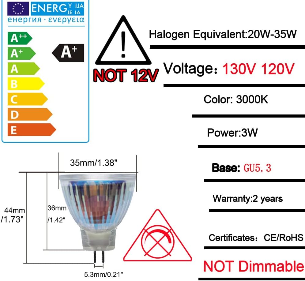 MR11 nimi spot Light gu5.3 Base 130V 120V 3W 3000K LED Bulb Replace 20w 35W Halogen Bulb (4pcs 110-130V 3000K Bulbs)