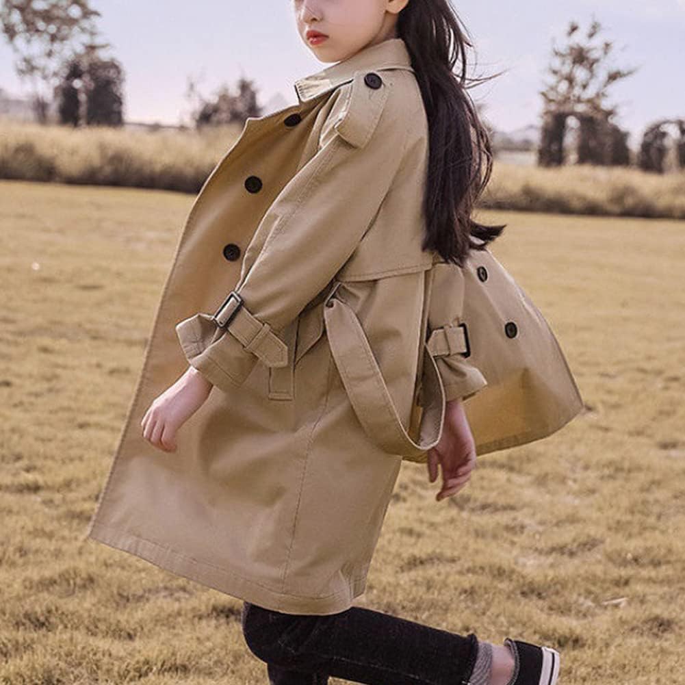 Girls Double Breasted Trench Coat Kids Lapel Long Sleeve Belt Windbreaker Jacket Outerwear with Pockets