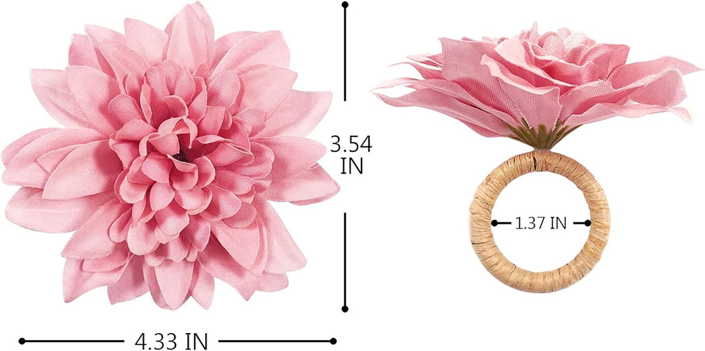 Farmhouse Flower Napkin Rings, Faux Pink Dahlia Napkin Ring, Natural Serviette Buckles Holder for Gift,Table - Set of 8