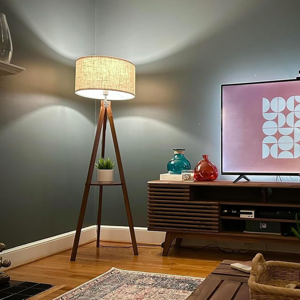 Tripod Floor Lamp, Mid Century Wood Standing Lamp, Modern Design Shelf Floor Lamp