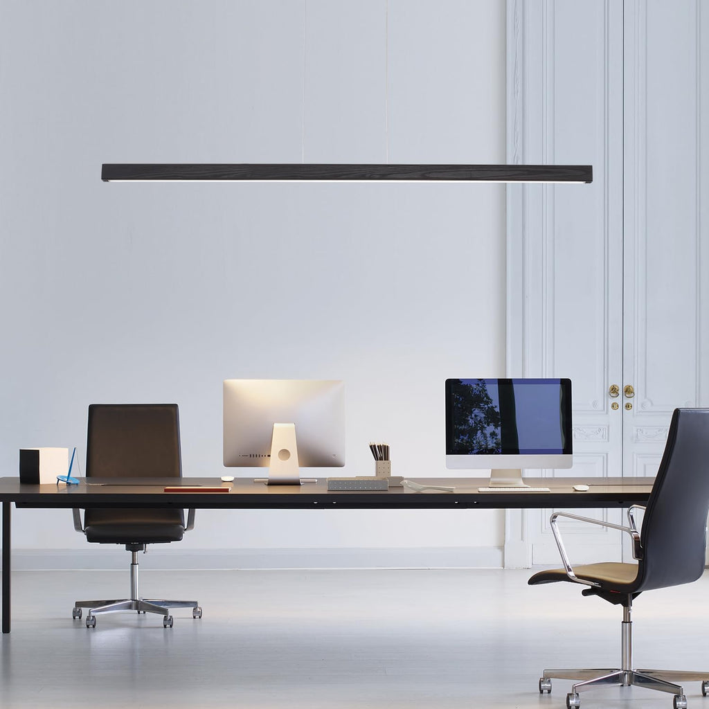 Black Wood Linear Pendant Light - Dimmable LED Chandelier with Remote, Modern Minimalist Lighting Islands, Dining