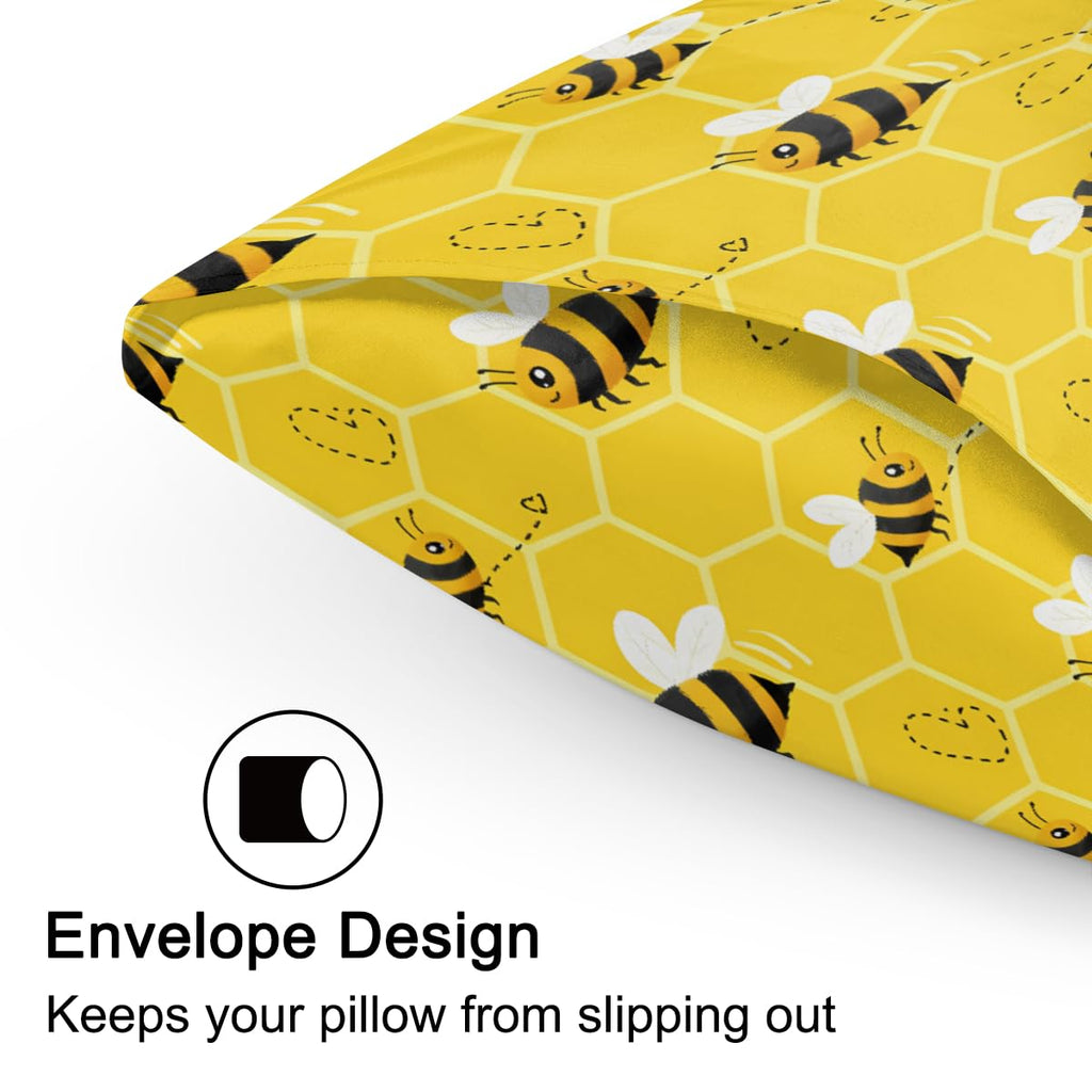 Satin Pillowcase for Hair and Skin, Standard Size Yellow Honeycomb Bee Pattern Decorative Pillow Sham with Envelope