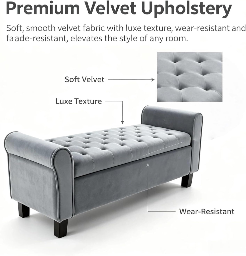 51 Inch Grey Velvet Storage Ottoman Bench with Rolled Armrests | Tufted Ottoman Bench with Storage,500 Lbs