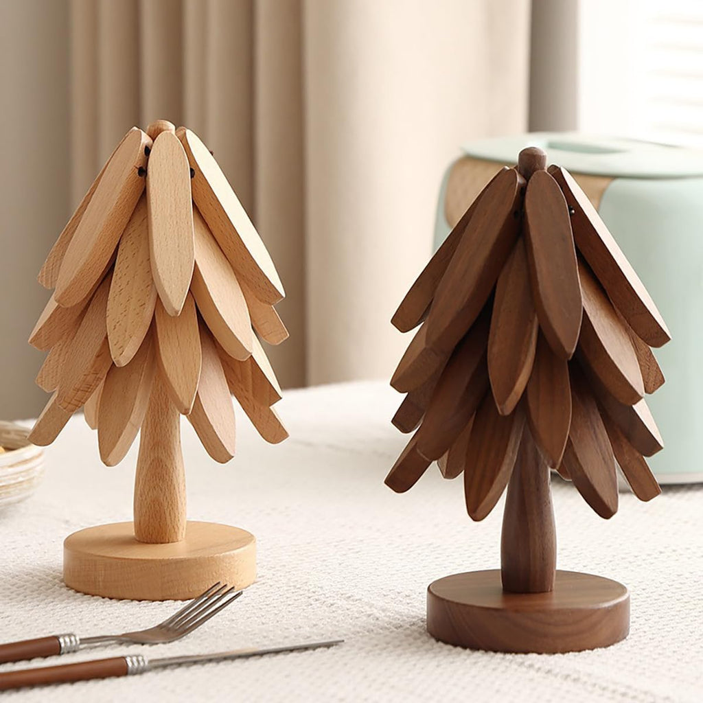 Wooden Trivets for Hot Dishes,Tree Shape Trivet Set, 4 Wooden Trivets+1 Stand, Natural Foldable Kitchen Wooden Trivet