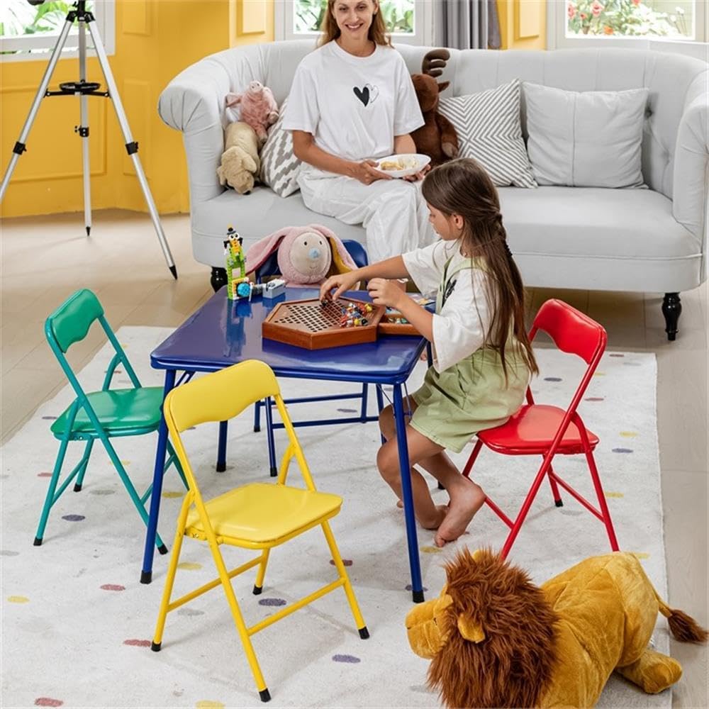 Kids Table and Chair Set, 1 Blue PVC Metal Table and 4 Colorful Red, Yellow, Green, Blue Chairs, Durable Easy-Clean